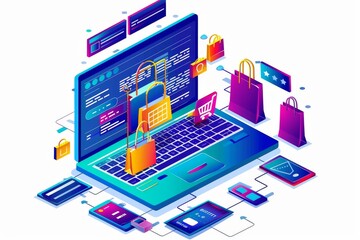 Illustration of Ecommerce Elements on Laptop with Shopping Bags