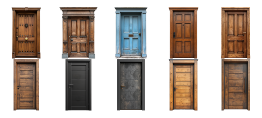A collection of six vintage and modern doors isolated on a transparent background, suitable for architectural design and renovation concepts