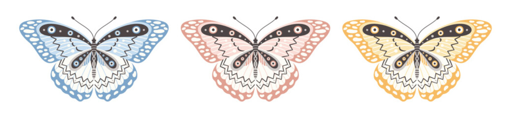 Set of butterflies or moths in three colors, vector illustration. Beautiful wings with abstract ornament, front view. Element for tattoo design. Summer background