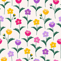 Colorful cute wildflowers on a beige background, seamless pattern. Floral summer vector illustration. Spring botanical print, modern flat style design