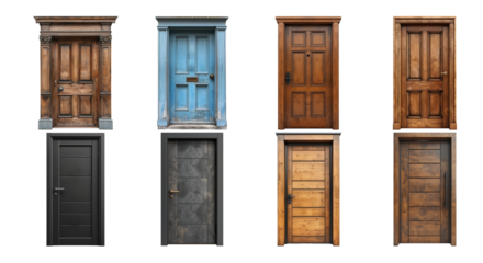 Assorted vintage and modern doors in various styles and colors, isolated on a transparent background, ideal for renovation and architecture concepts