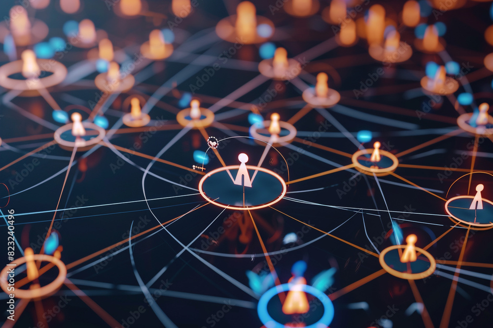 Poster virtual meeting concept, showcasing a network of circles with diverse user avatars connected by digi