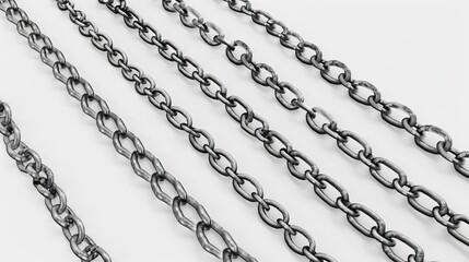 Bundles of silver chains laying on white background