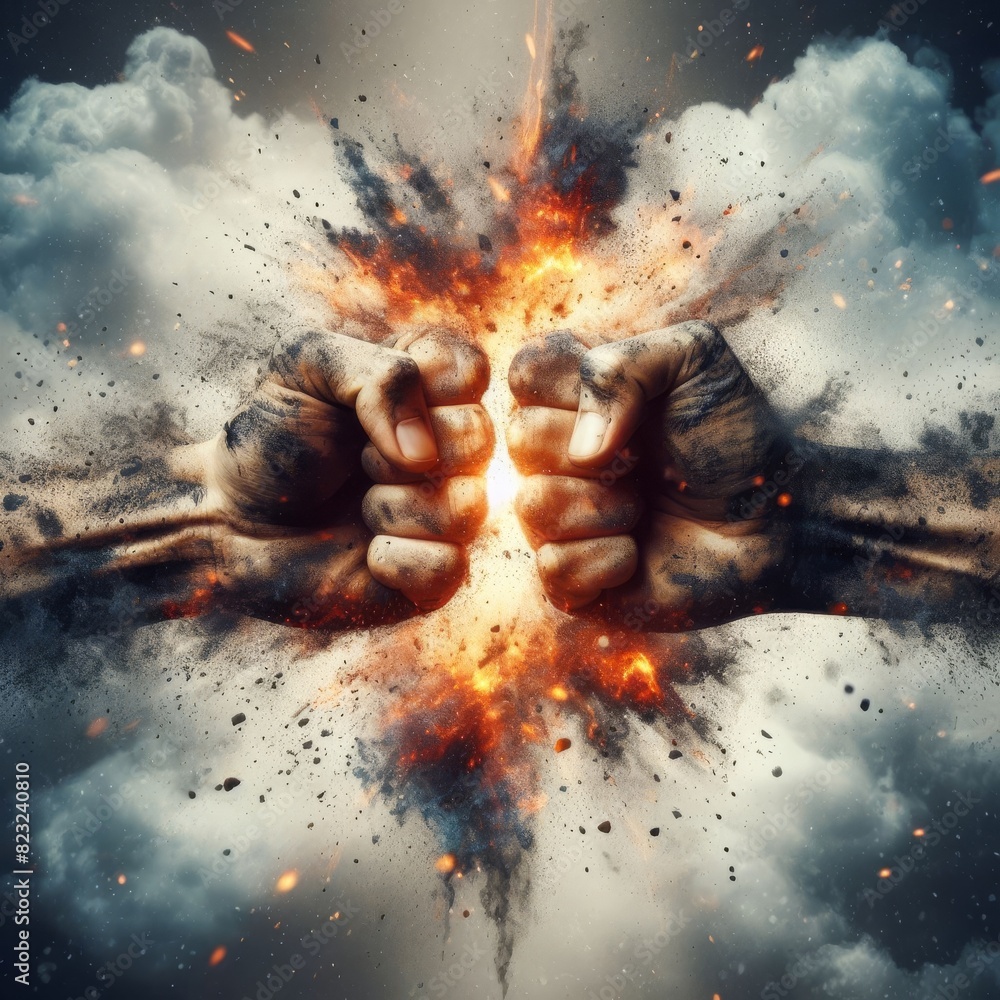 Poster two fists clash amidst a dynamic backdrop of fire and cosmic clouds, symbolizing intense power or co