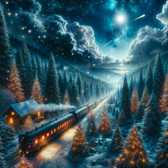 Train in the snow. Surrounded by pine trees
