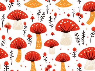 seamless pattern with red and white mushrooms