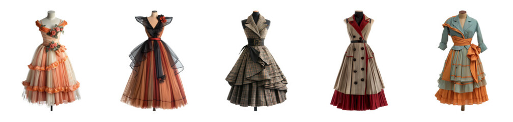 Obraz premium Set of five vintage-style dresses on mannequins isolated on a transparent background, suitable for fashion and retail themes, particularly relating to costume design and historical fashion