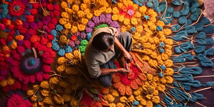 asian male making a colorful weave mat, in the style of net art.generative ai