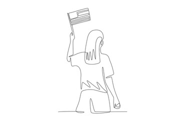 Woman holding a united states flag. 4th of july concept one-line drawing