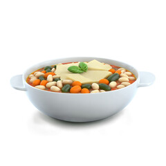 Hearty minestrone bowl with vegetable rich soup ditalini pasta white beans and Parmesan rind in