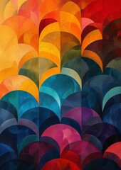 Colorful abstract background with overlapping geometric shapes in vibrant hues, creating a lively and dynamic visual pattern.