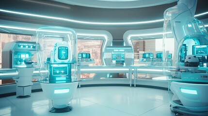 A photo of a futuristic pharmacy with robotic dispense
