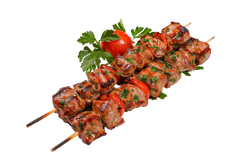 Grilled chicken skewers with vegetables and herbs isolated on a transparent background, perfect for summer barbecues and outdoor cooking concepts
