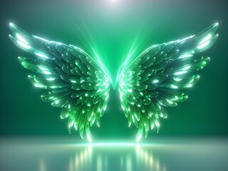 Beautiful magic angel wings spread wide on black background. 3D illustration of shimmering green fantasy wings
