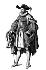 Fototapeta premium Engraving style illustration of an European man in 17th-century attire, isolated on a transparent background, suitable for historical and cultural themes