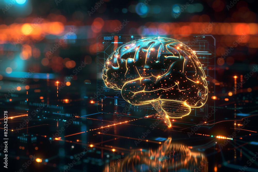 Poster visualization of a digital brain, representing ai role in enhancing human intelligence and creativit