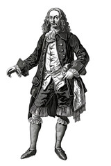 Vintage engraving style illustration of a man in 17th-century European dress, isolated on a transparent background, suitable for historical education and theatrical themes
