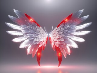 Beautiful magic angel wings spread wide on black background. 3D illustration of red fantasy wings