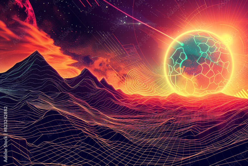 Poster visualizing the warping of spacetime by a dark dimension gateway on an alien planet, blending physic