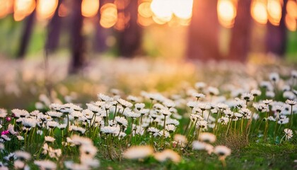 idyllic daisy bloom abstract soft focus sunset field landscape of white flowers blur grass meadow...