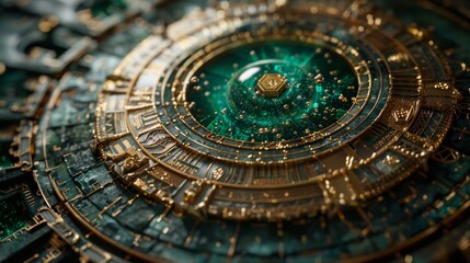 Fototapeta premium Close-up of an intricate, mechanical, circular structure with a green and gold color scheme, resembling futuristic technology or machinery.