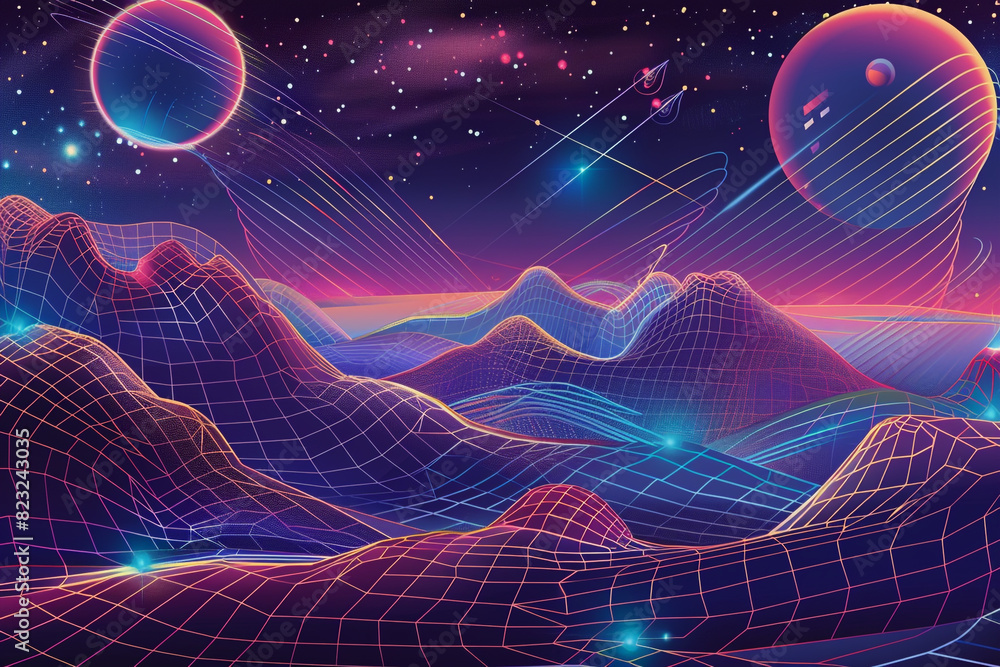 Poster visualizing the warping of spacetime by a dark dimension gateway on an alien planet, blending physic