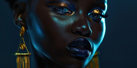 Close-Up of Woman with Gold and Blue Glitter Makeup