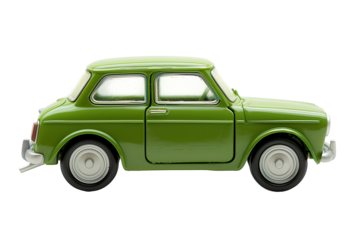 Vintage green toy car model isolated on a transparent background, related to transportation concepts and eco-friendly vehicles