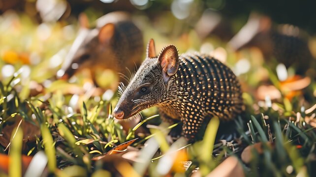 Grassy Gathering: A Group of Armadillos Foraging in a Grassy Field