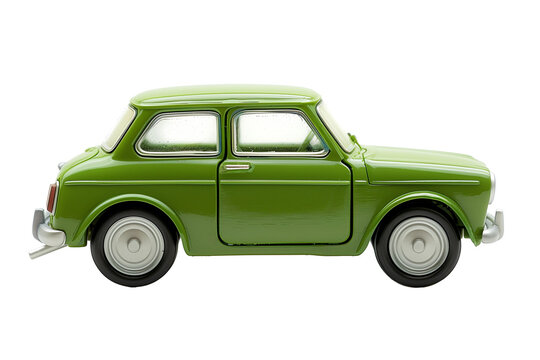 Vintage green toy car model isolated on a transparent background, related to transportation concepts and eco-friendly vehicles