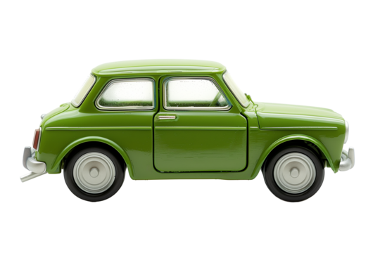 Vintage green toy car model isolated on a transparent background, related to transportation concepts and eco-friendly vehicles
