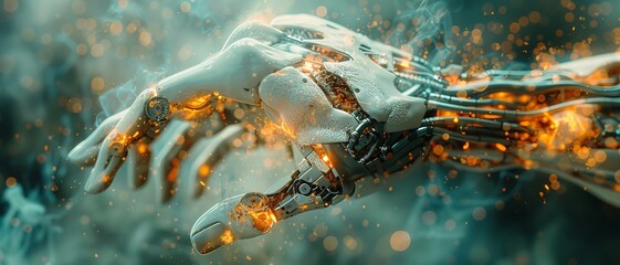 Close-up of a robotic hand with glowing circuits and sparks, representing futuristic technology and artificial intelligence.