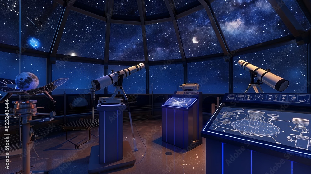 Poster an observatory with powerful telescopes and a digital display offers stunning views and educational 