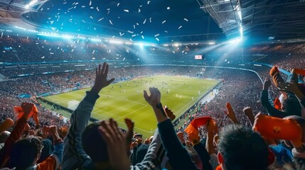 A stadium full of people cheering for a soccer game .