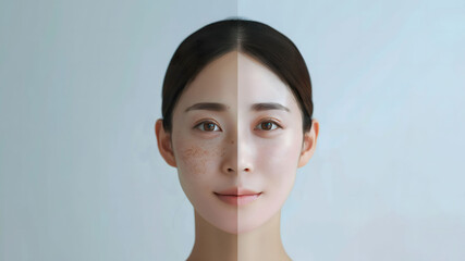 若い日本人女性のアップを左右に並べ、肌の様子を比較している画像