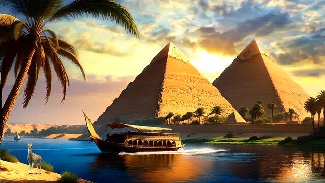 Boat in the river with pyramids backdrop. Seamless looping time-lapse 4k video animation background