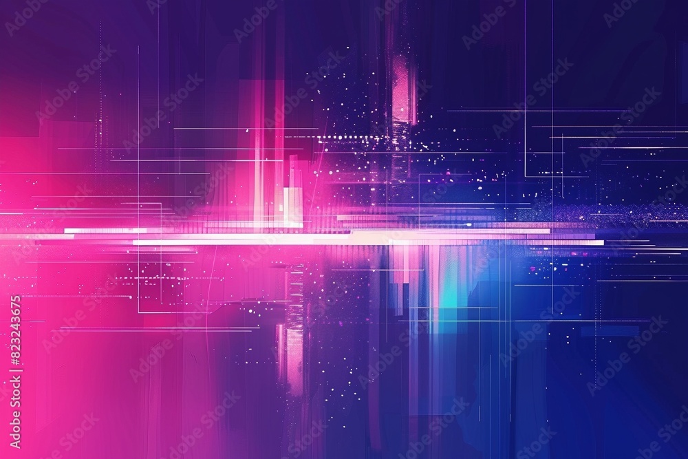 Wall mural A cyberpunk-inspired digital landscape with glowing light trails and shimmering pixel elements. Ideal for futuristic backgrounds, cyber security concepts, and tech posters