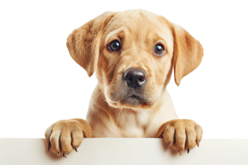 Adorable Labrador Retriever puppy peeking over edge, isolated on transparent background, perfect for National Puppy Day promotions or pet care concepts