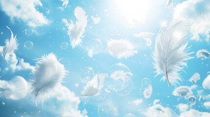 輝く青い空へ舞う白い羽の背景