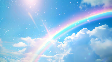 済んだ青空へキラキラ輝く虹と太陽の有るファンタジーな背景