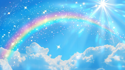 済んだ青空へキラキラ輝く虹と太陽の有る背景