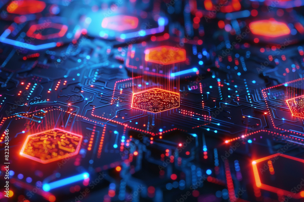 Poster vivid cybernetic hexagons on a futuristic digital background, showcasing connectivity and advanced a