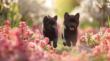 ピンク系の花畑を黒い子犬が２匹散歩している様子