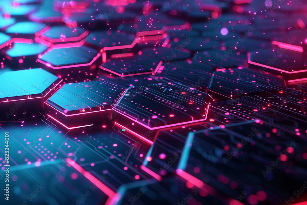Poster vivid cybernetic hexagons on a futuristic digital background, showcasing connectivity and advanced a