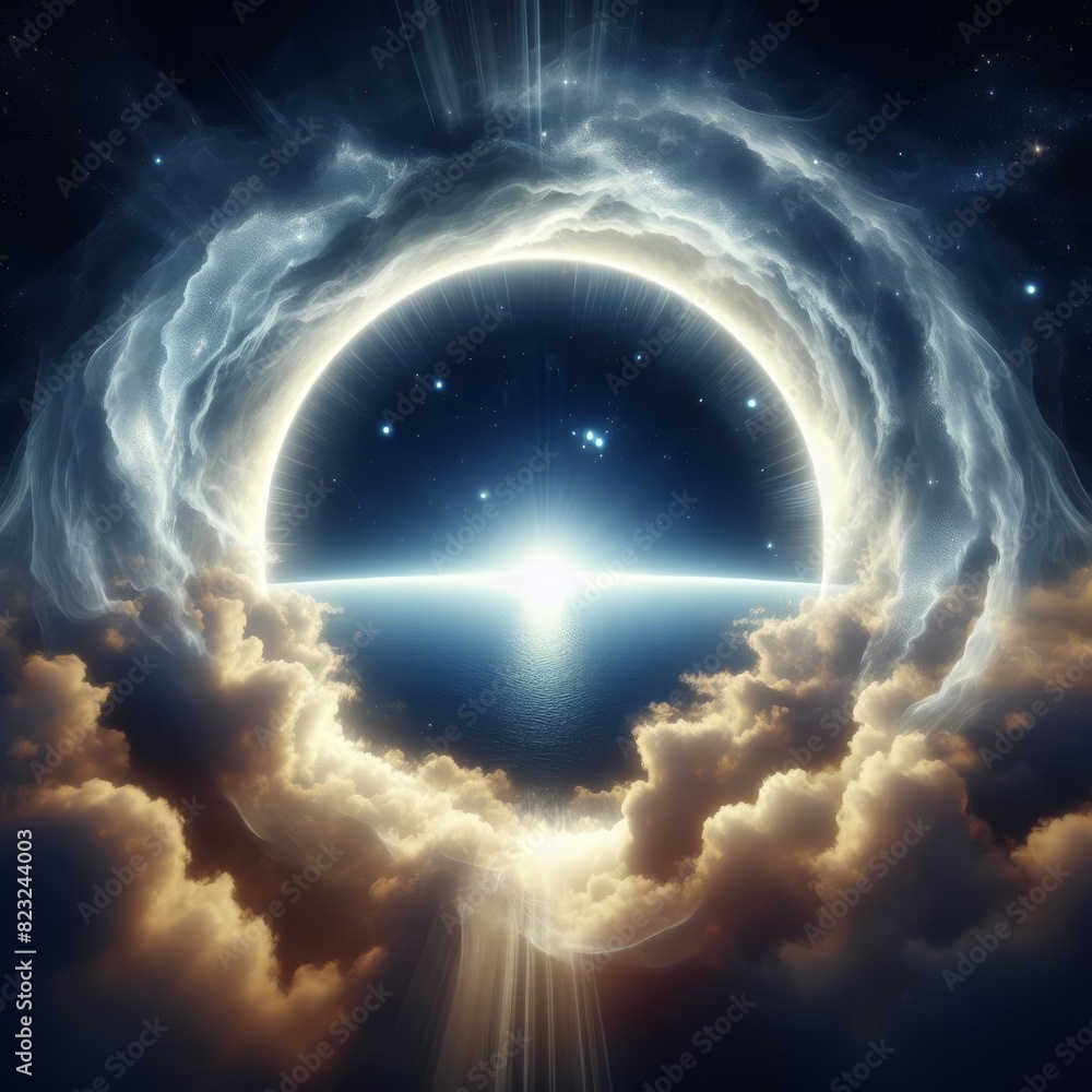 Poster a majestic cosmic event captured as a bright light emanates from a circular gateway surrounded by cl