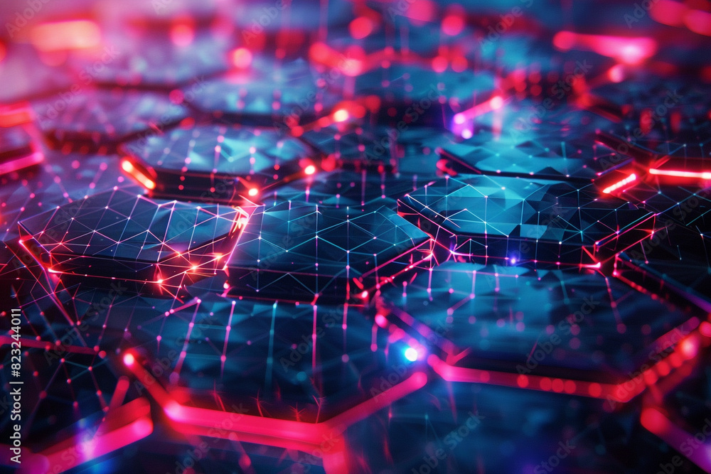 Poster vivid cybernetic hexagons on a futuristic digital background, showcasing connectivity and advanced a