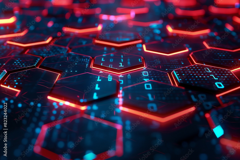 Poster vivid cybernetic hexagons on a futuristic digital background, showcasing connectivity and advanced a
