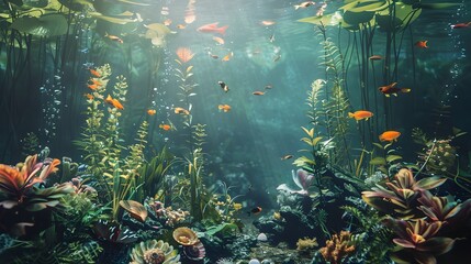 abstract nature underwater garden growth with seashells and fish