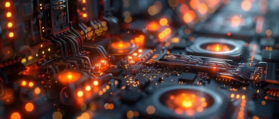 Close-up of a glowing circuit board with orange lights showcasing intricate electronic components and technological connections.