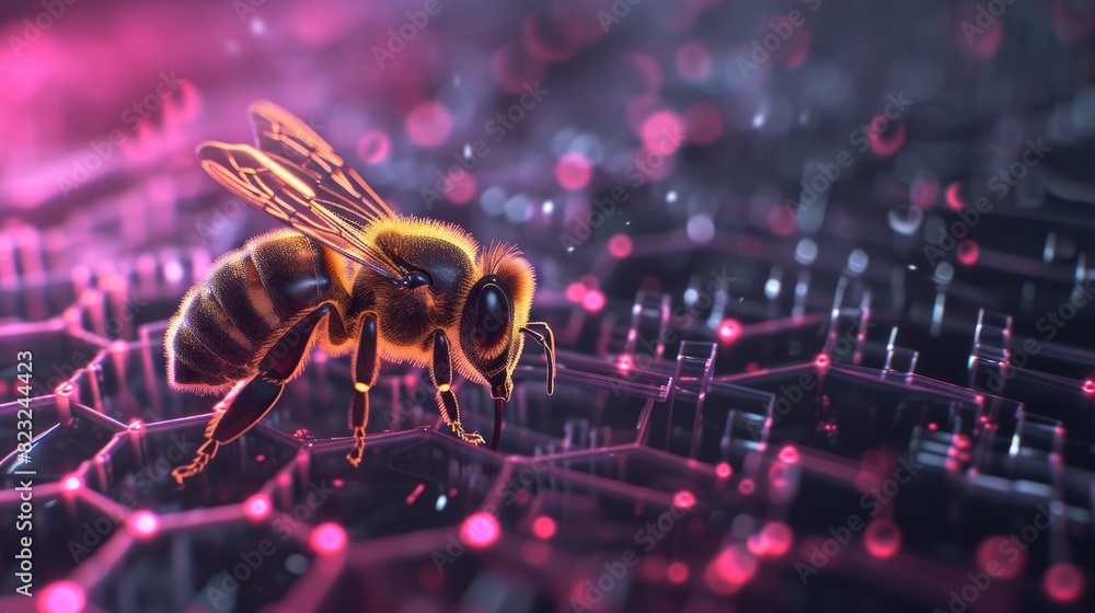 Poster a hyper-realistic rendering of a cybernetic bee on a glowing circuit board, illustrating advanced bi